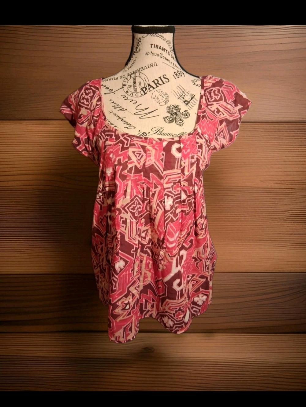 Calvin Klein Abstract Geometric Pleated Babydoll Blouse Top XS Extra Small